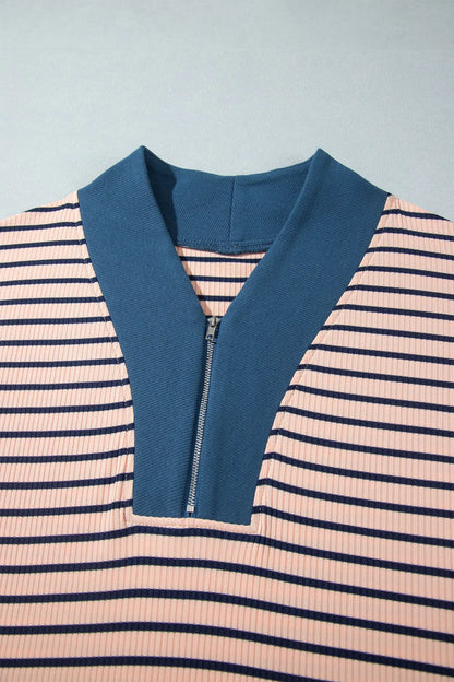 Pink Stripe Striped Colorblock V Neck Long Sleeve Plus Size Set