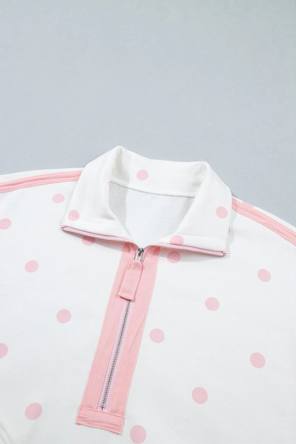 Pink Polka Dot Half Zip Drop Shoulder Relaxed Sweatshirt detail view · nz-alt-v1