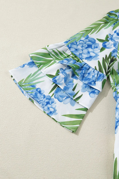 Sky Blue Palm Floral Print Contrast Ribbon Knot Ruffle Tiered Sleeve Mini Dress - Casual Dresses
