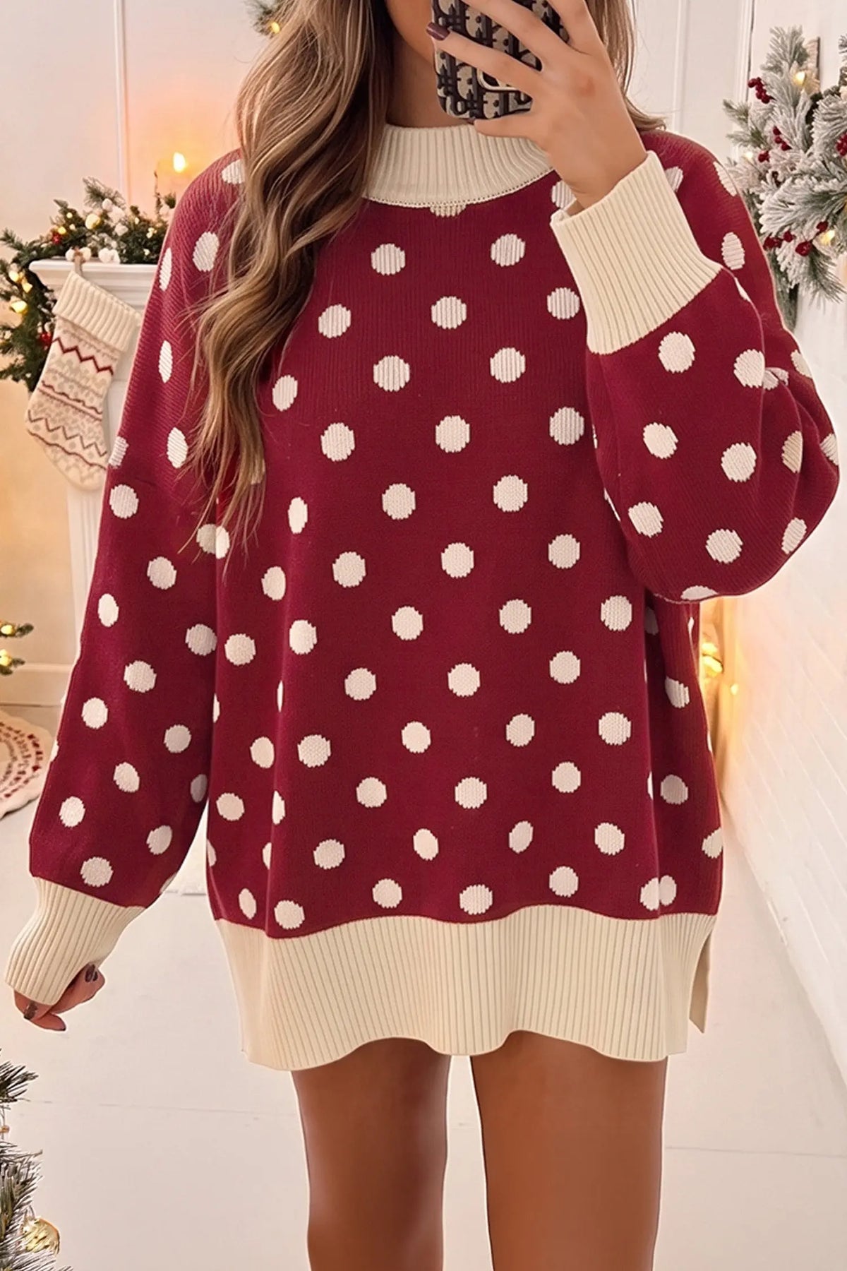 Polka Dot Pattern Ribbed Colorblock Trim Split Tunic Sweater