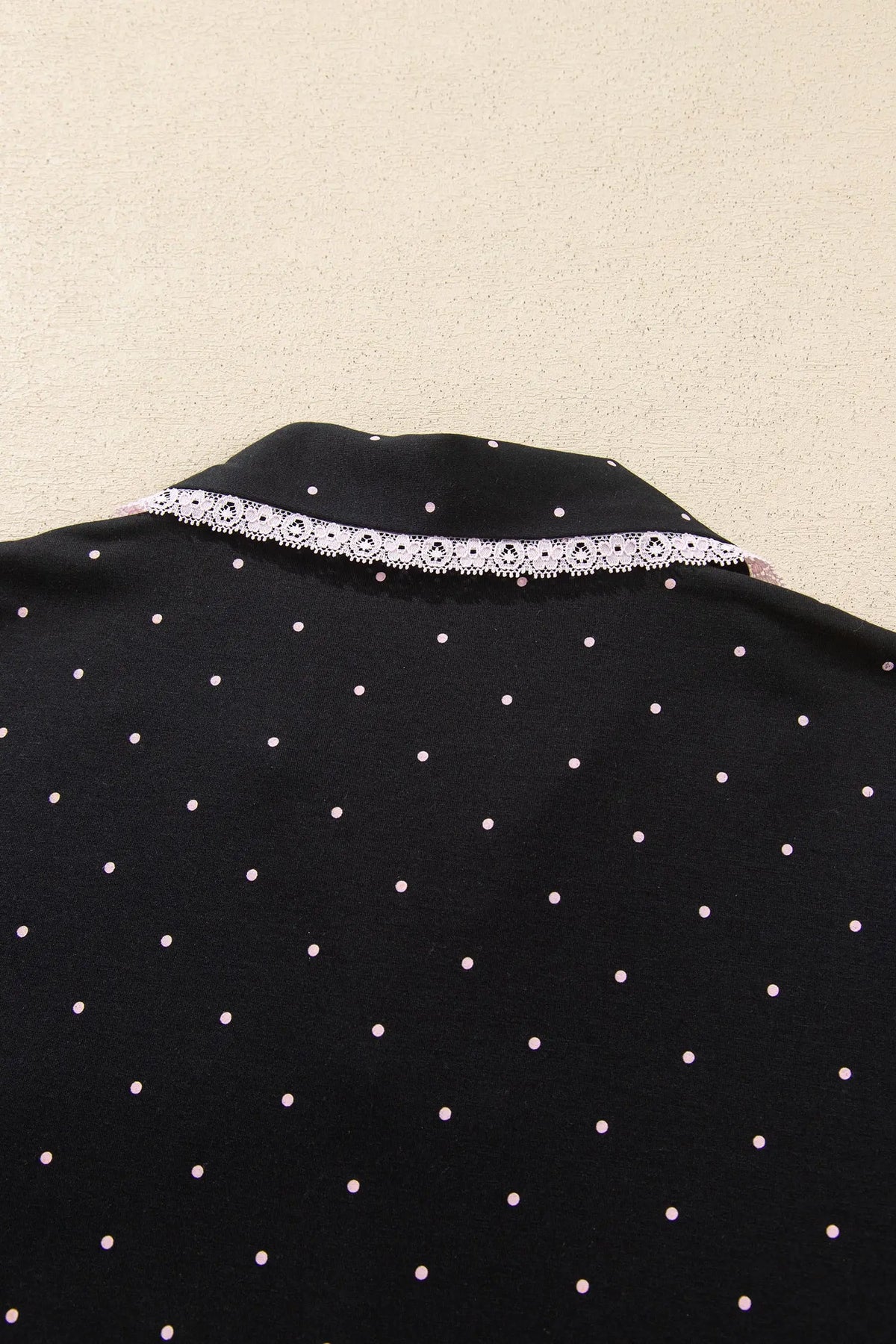 Black Polka Dot Long Sleeve Shirt Lace Detail Two Piece Pajama Pant Set