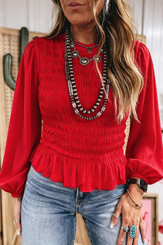 Racing Red Solid Color Smocked Ruffle Hem Long Sleeve Blouse