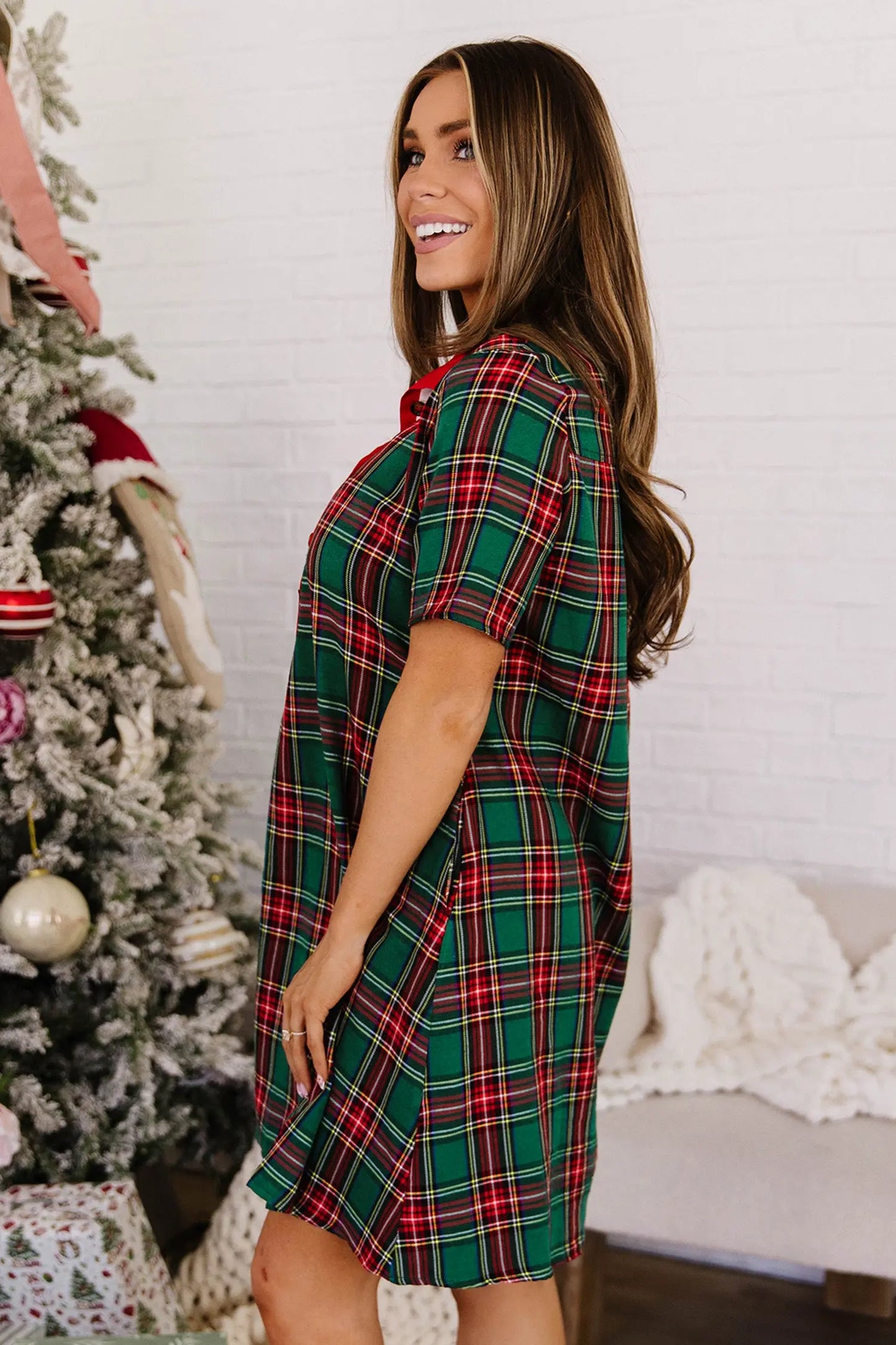 Green Plaid Button Front Short Sleeve Shift Dress