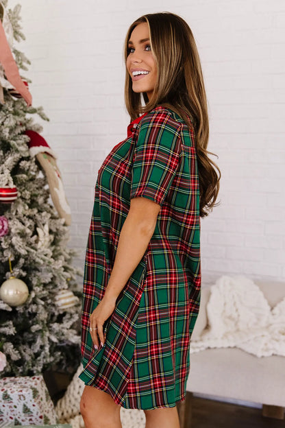 Green Plaid Button Front Short Sleeve Shift Dress