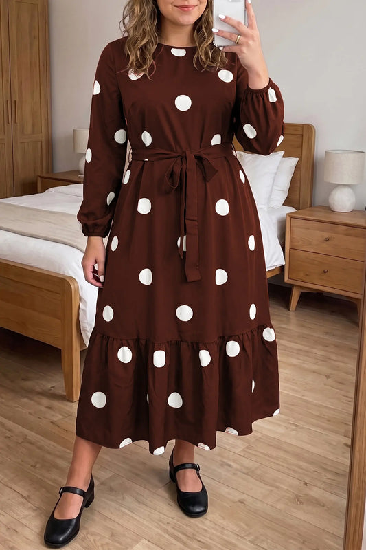 Brown Polka Dot Ruffled Hem Long Sleeve Tie Waist Plus Size Dress model front view · nz-alt-v1