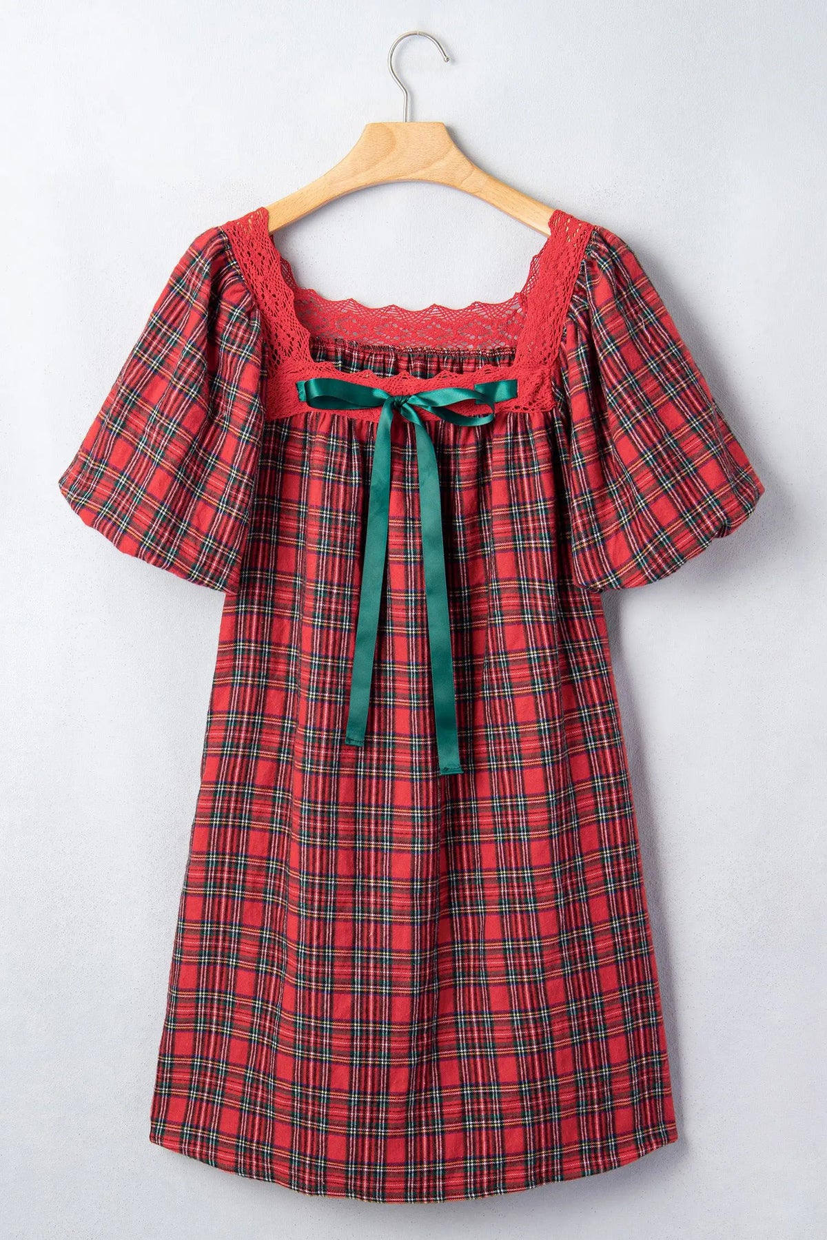 Red Plaid Square Collar Lace Trim Short Sleeve Shift Mini Dress