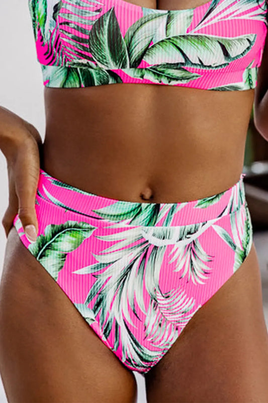 Rose tropical print textured bikini bottoms model front view · nz-alt-v1