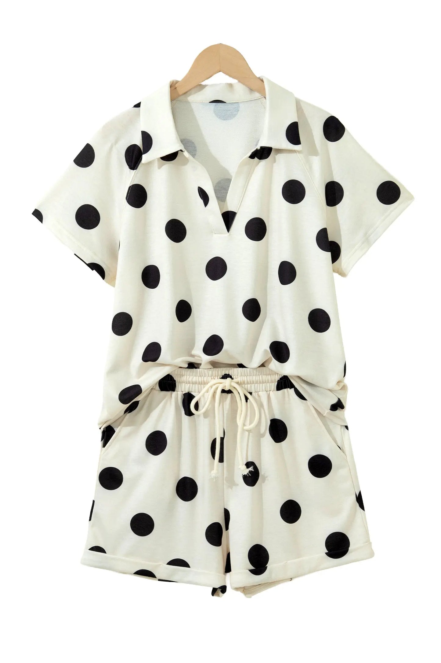 Beige Polka Dot Print V Neck Tee Short Set Nataliz