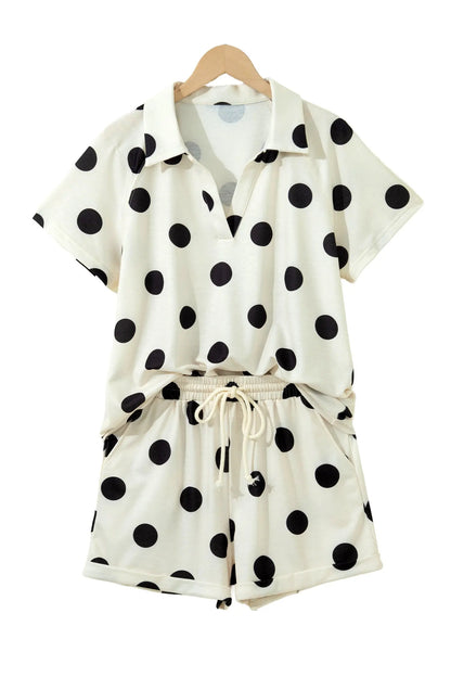 Beige Polka Dot Print V Neck Tee Short Set Nataliz
