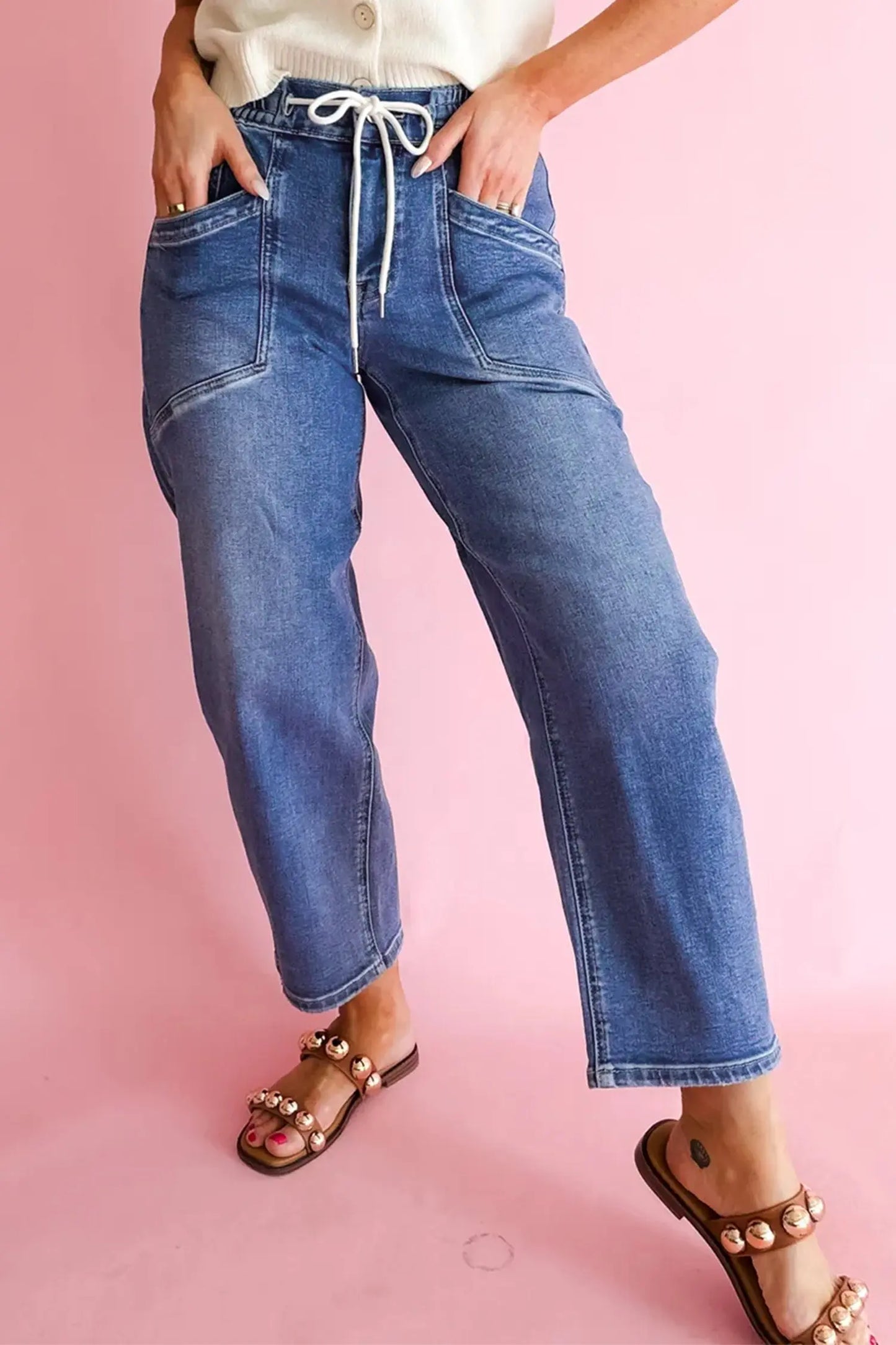 Ashleigh Blue Drawstring Waist Ankle Length Casual Jeans Regular Fit Pocket Detail Denim Pants