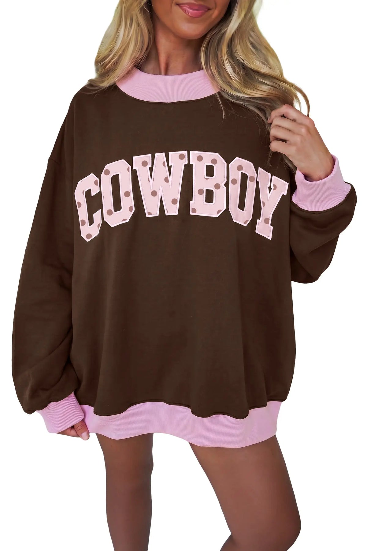 Coffee Polka Dot Letter Graphic Colorblock Tunic Sweatshirt model front view · nz-alt-v1
