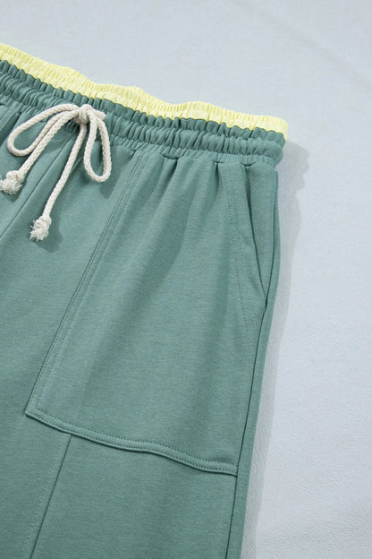 Grapefruit Orange Color Block Flower Patchwork Drawstring Contrasted Elastic Waist Wide Leg Pants
