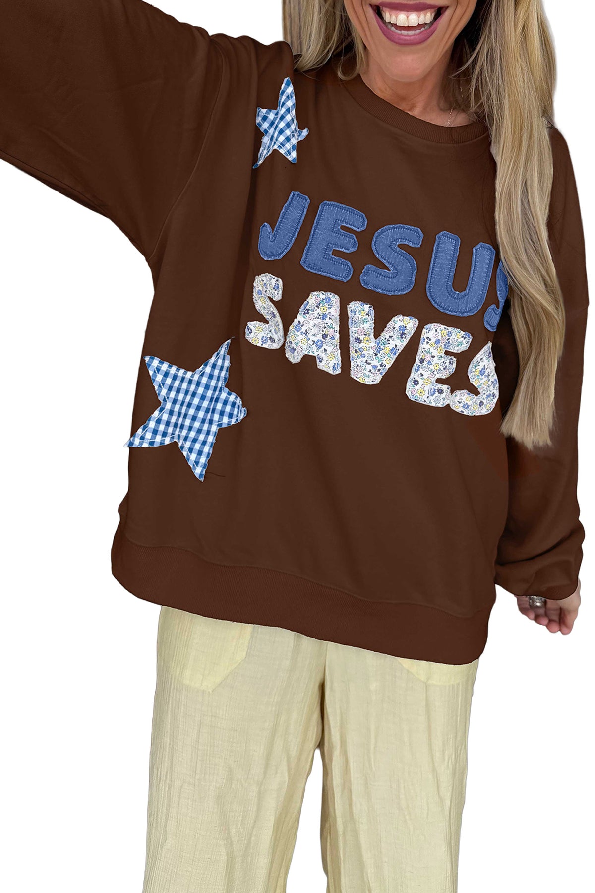 Patchwork Stars Plaid Unique Floral Letters Baggy Sweatshirt
