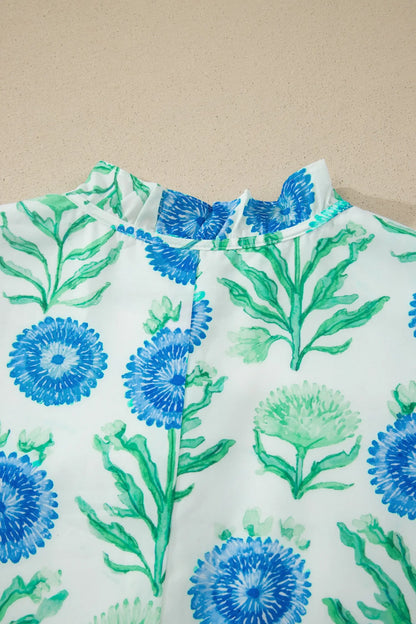 Sky Blue Floral Print Half Button Frilly Short Sleeve Dress