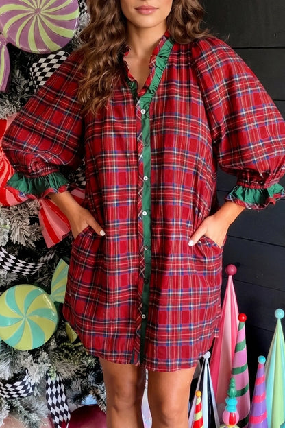 Red Plaid Ruffle Cuff Button Front Pocket Mini Dress