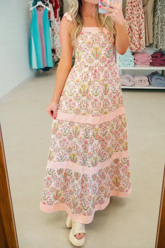Pink Geometric Floral Print Striped Patchwork Detail Sleeveless Dress Nataliz