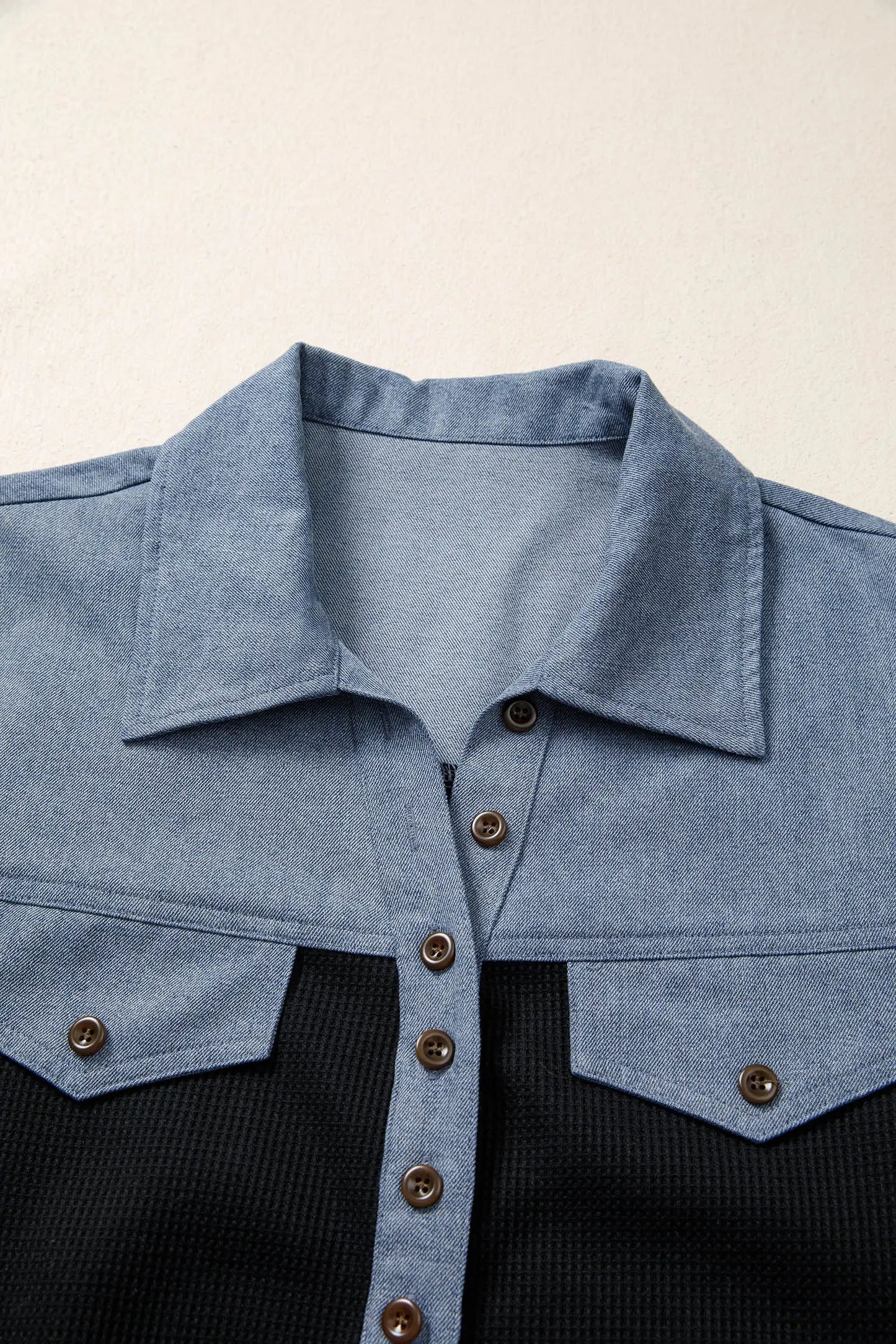 Black Waffle Knit Denim Color Block Patchwork Button Flap Polo Top - Tops