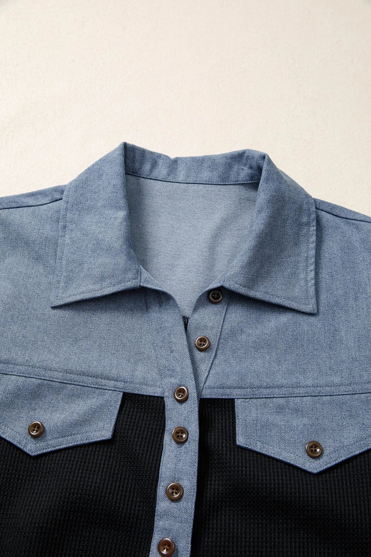 Black Waffle Knit Denim Color Block Patchwork Button Flap Polo Top - Tops