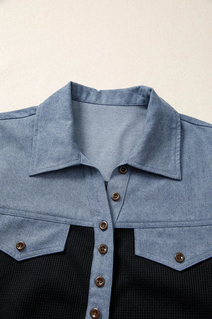 Black Waffle Knit Denim Color Block Patchwork Button Flap Polo Top - Tops