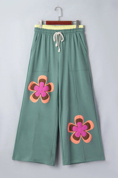 Grapefruit Orange Color Block Flower Patchwork Drawstring Contrasted Elastic Waist Wide Leg Pants