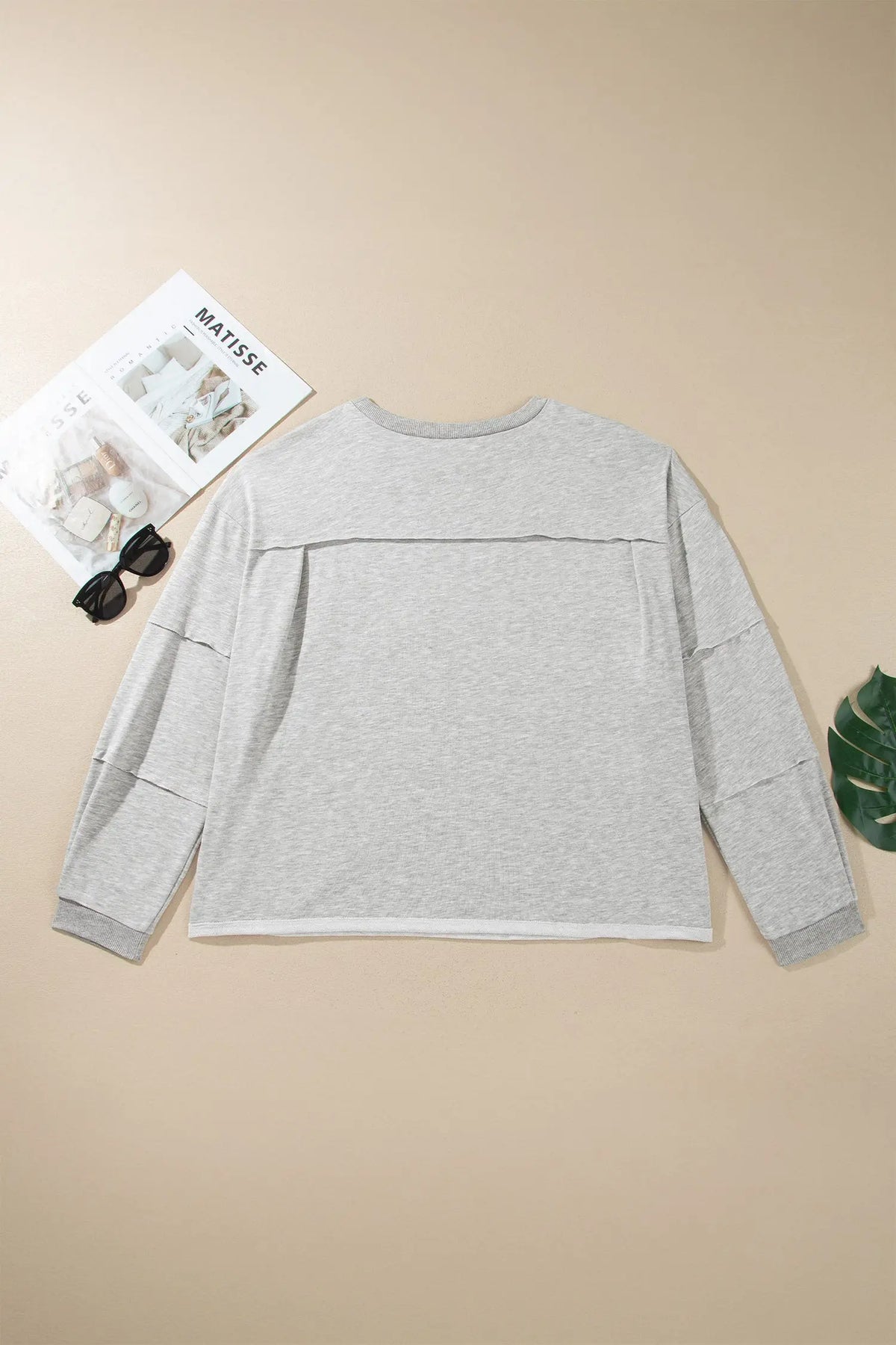 Light Grey Long Sleeve Patch Embroidery Tunic Plus Size Blouse flat lay view · nz-alt-v1