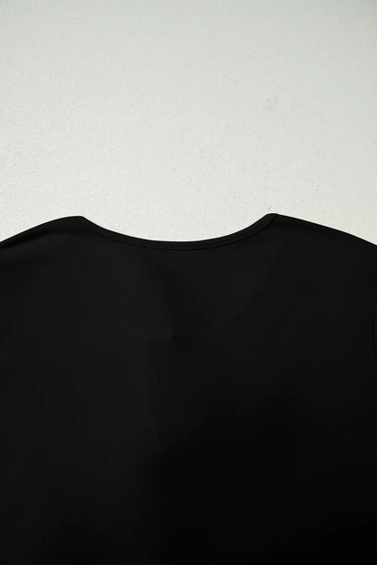 Black Solid Color Bow Tie Front Long Sleeve Plus Size Peplum Blouse