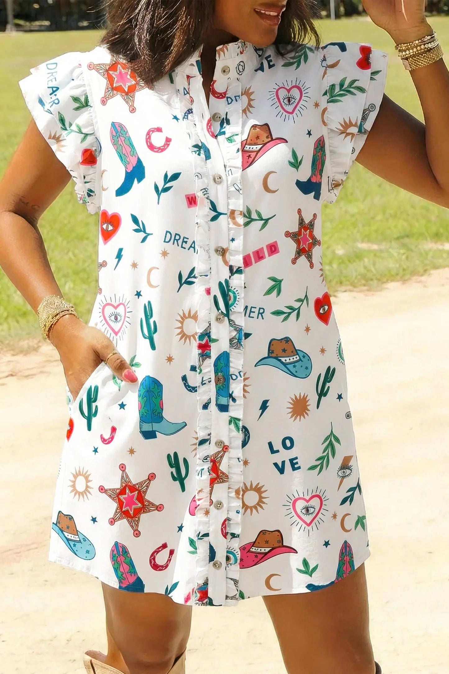 White Western Print Flutter Sleeve Button Down Mini Dress - Dresses/Mini Dresses