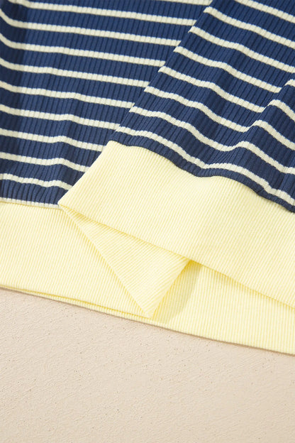 Blue Stripe Color Block Patchwork Zip V Neck Pullover Loose Pants 2pcs Set