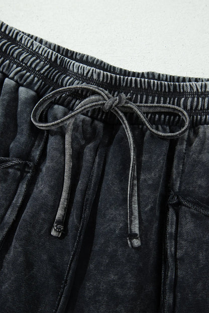 Black Mineral Wash Raw Seam Drawstring Elastic Waist Barrel Pants