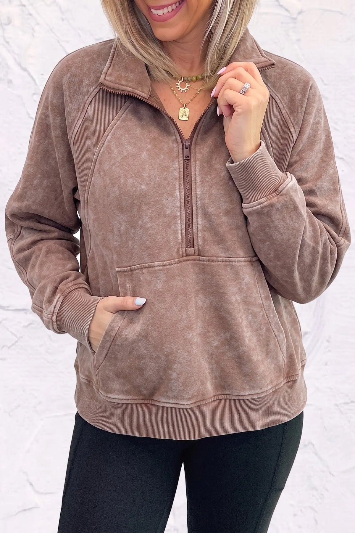 Chestnut vintage half-zip long sleeve ribbed sweatshirt model front view · nz-alt-v1