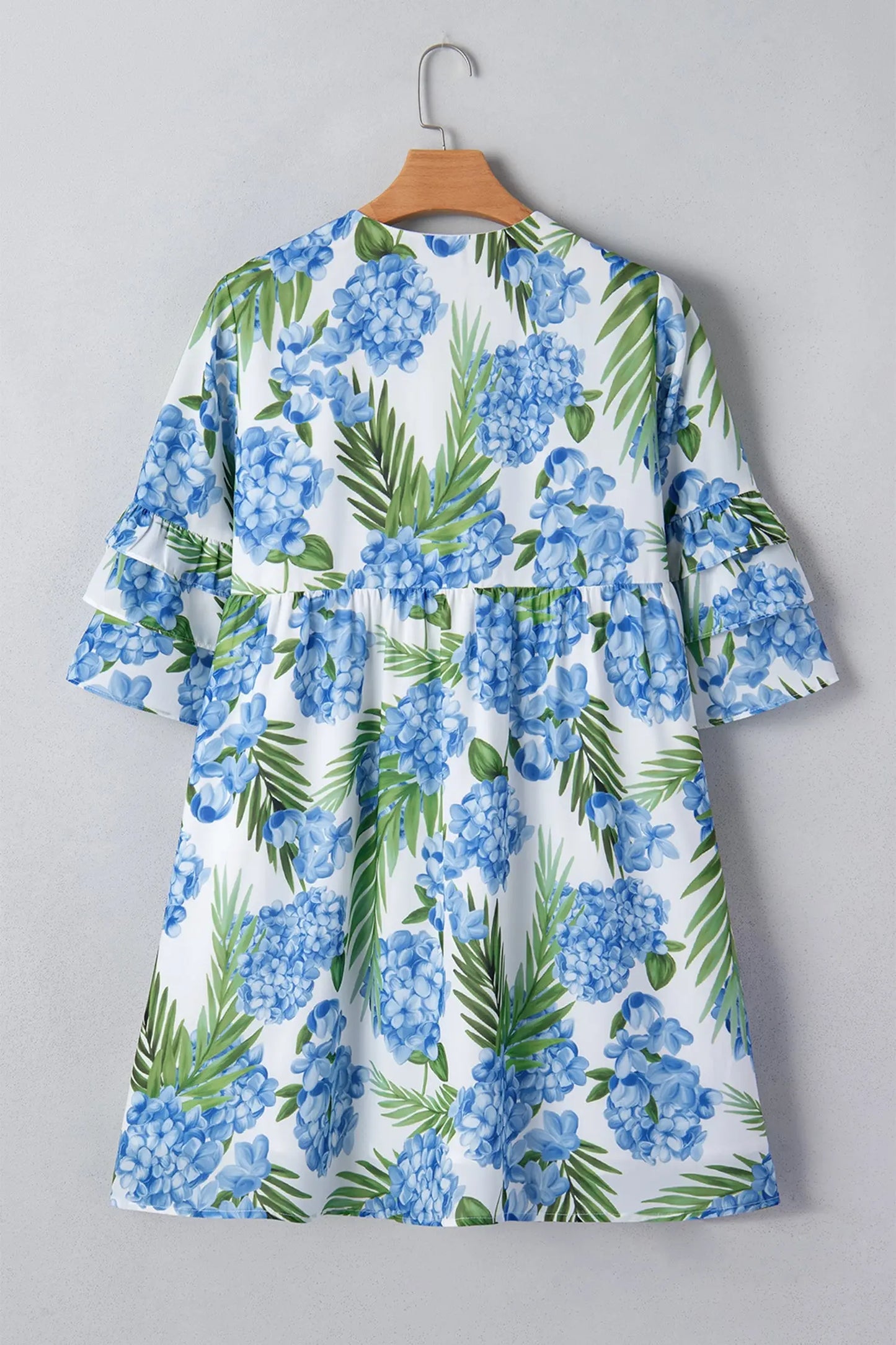 Sky Blue Palm Floral Print Contrast Ribbon Knot Ruffle Tiered Sleeve Mini Dress - Casual Dresses