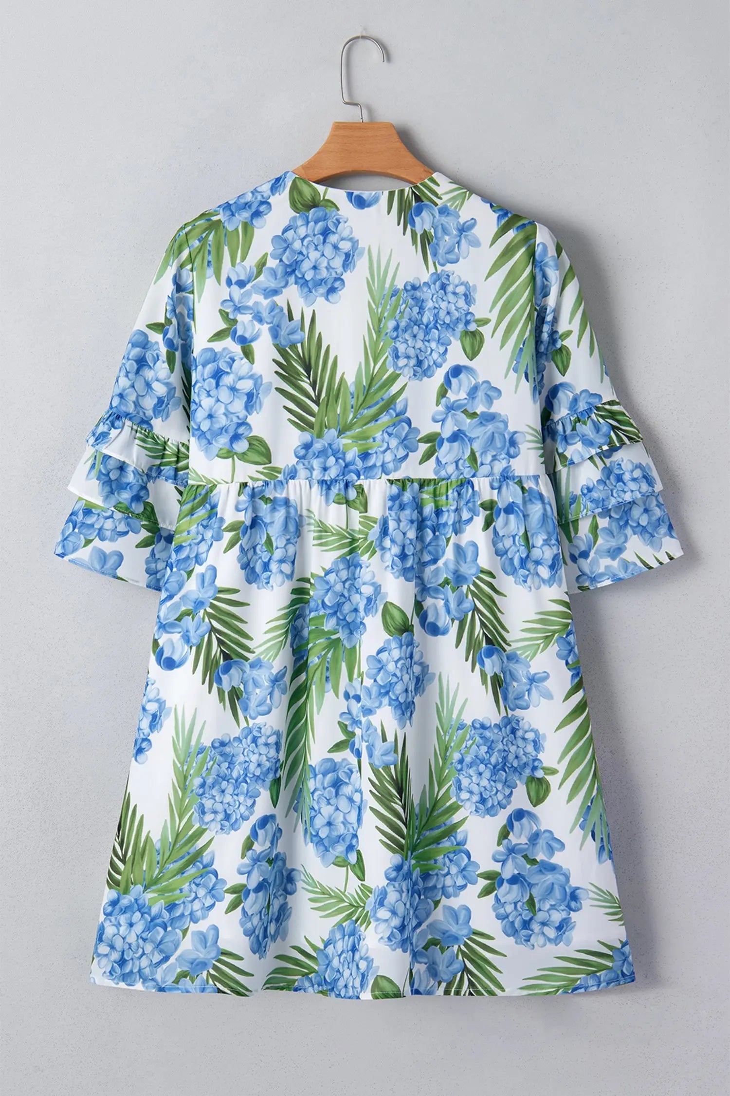 Sky Blue Palm Floral Print Contrast Ribbon Knot Ruffle Tiered Sleeve Mini Dress - Casual Dresses