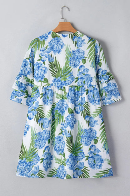 Sky Blue Palm Floral Print Contrast Ribbon Knot Ruffle Tiered Sleeve Mini Dress - Casual Dresses