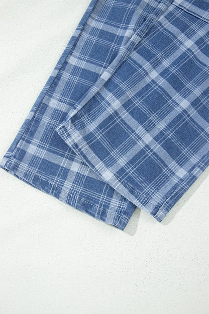 Sky Blue Plaid Denim Grommet Drawstring Waist Ankle-Length Jeans