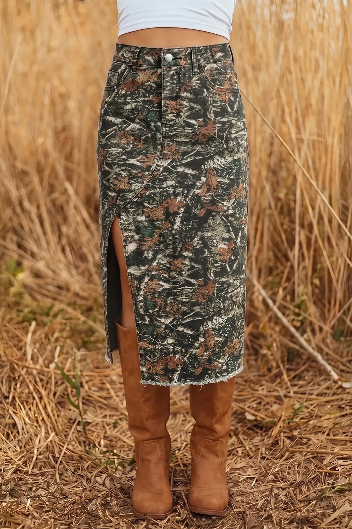 Multicolour Woodland Camouflage Split Raw Hem Midi Western Skirt model front view · nz-alt-v1