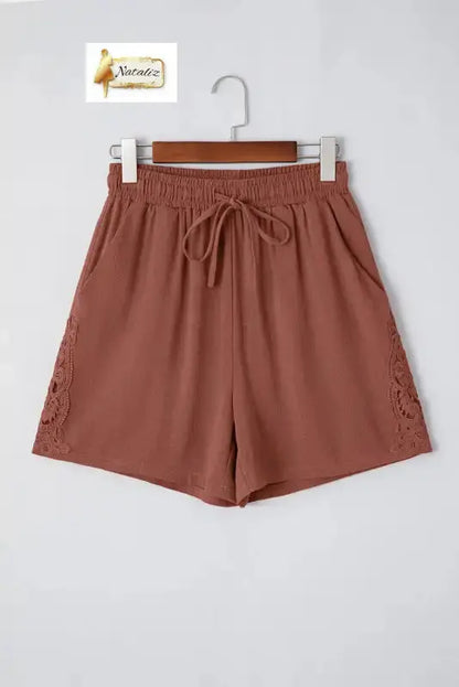 Chestnut Lace Splicing Drawstring Elastic Waist Loose Linen Shorts - Pants