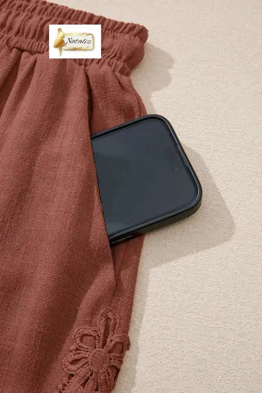 Chestnut Lace Splicing Drawstring Elastic Waist Loose Linen Shorts - Pants