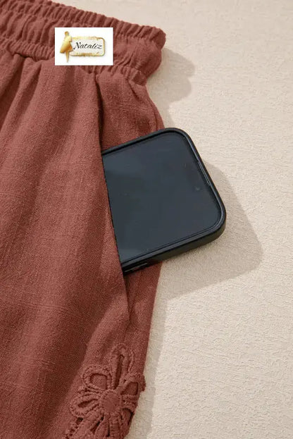 Chestnut Lace Splicing Drawstring Elastic Waist Loose Linen Shorts - Pants