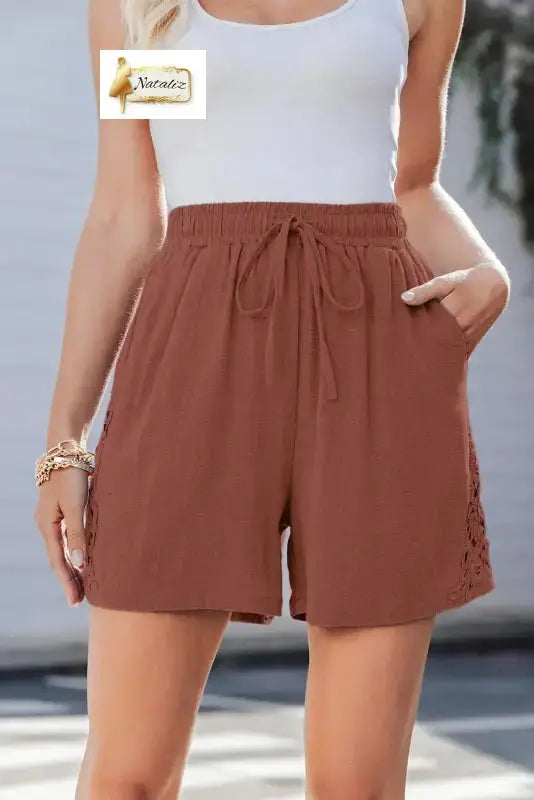 Chestnut Lace Splicing Drawstring Elastic Waist Loose Linen Shorts - Pants