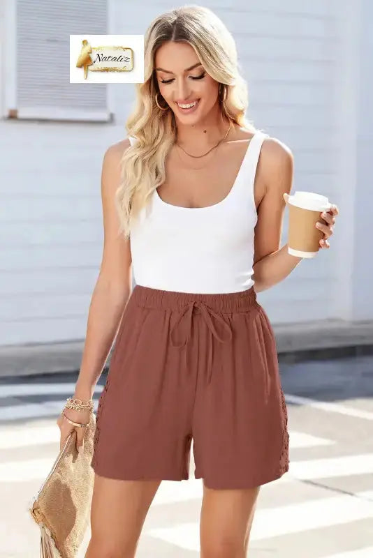 Chestnut Lace Splicing Drawstring Elastic Waist Loose Linen Shorts - Pants