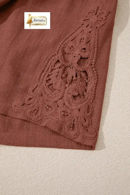 Chestnut Lace Splicing Drawstring Elastic Waist Loose Linen Shorts - Pants