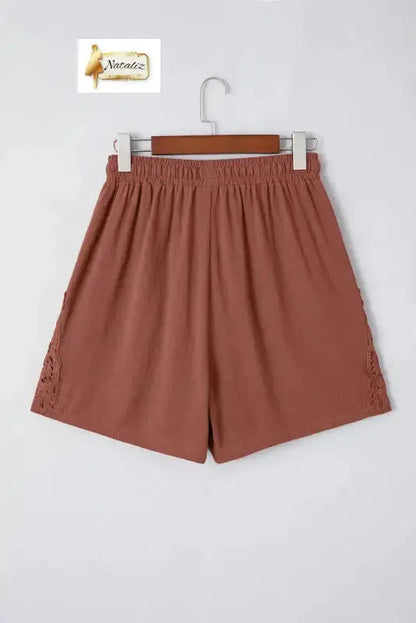 Chestnut Lace Splicing Drawstring Elastic Waist Loose Linen Shorts - Pants