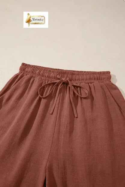 Chestnut Lace Splicing Drawstring Elastic Waist Loose Linen Shorts - Pants