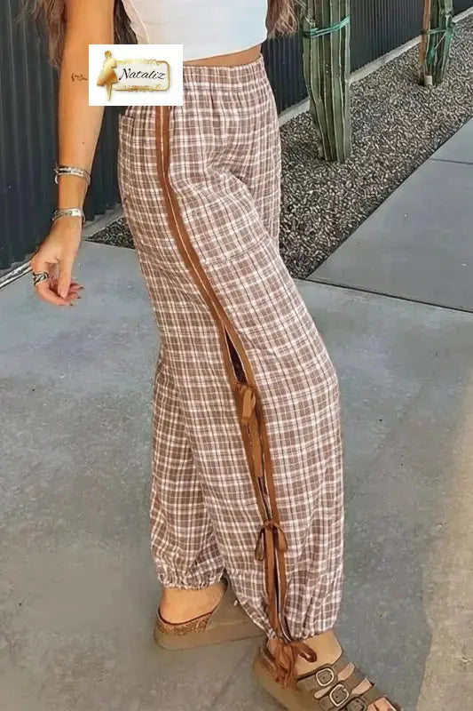 Chestnut Plaid Print Elastic Waist Bow Tie Contrast Detail Jogger Pants Dear-Lover Dropshipping