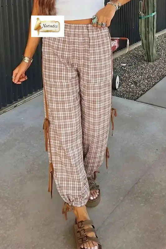Chestnut Plaid Print Elastic Waist Bow Tie Contrast Detail Jogger Pants Dear-Lover Dropshipping