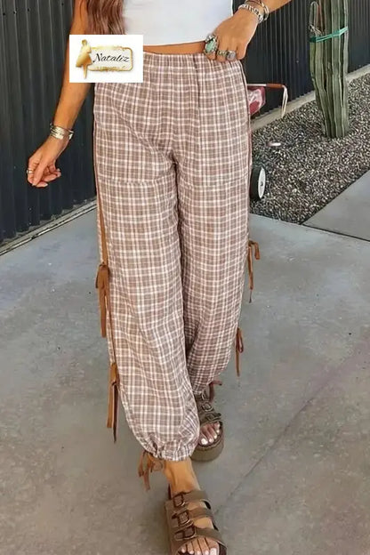 Chestnut Plaid Print Elastic Waist Bow Tie Contrast Detail Jogger Pants Dear-Lover Dropshipping