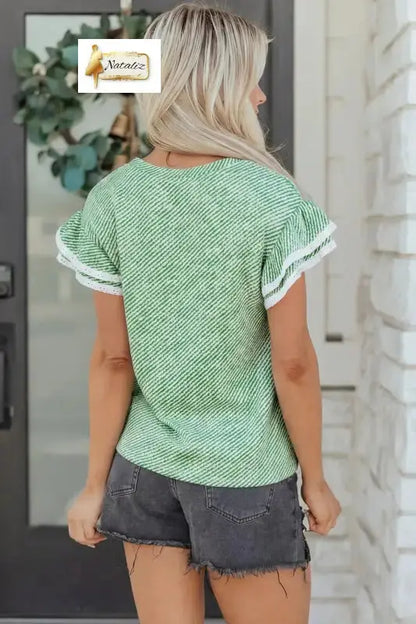 Clearly Aqua Twilled Print Lace Trim Ruffled Short Sleeve Blouse Nataliz