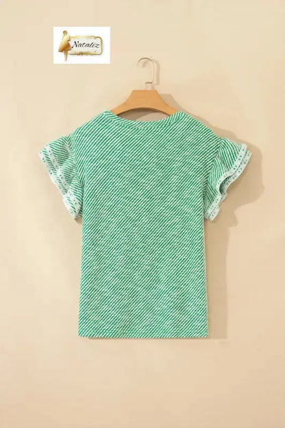 Clearly Aqua Twilled Print Lace Trim Ruffled Short Sleeve Blouse Nataliz
