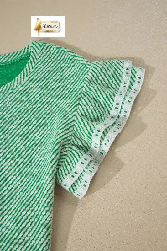 Clearly Aqua Twilled Print Lace Trim Ruffled Short Sleeve Blouse Nataliz