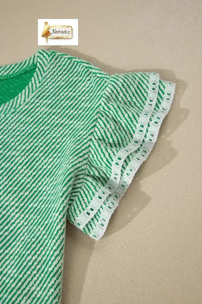 Clearly Aqua Twilled Print Lace Trim Ruffled Short Sleeve Blouse Nataliz